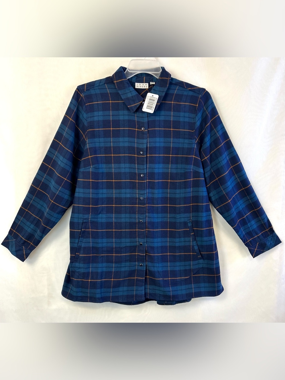 New Joan Rivers Plaid Snap Front Flannel Pocket Tunic / blue / Large/ broke snap
